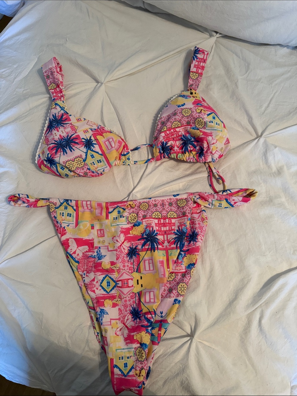 Colorful Tropical Print Bikini Set - Pink, Yellow & Blue